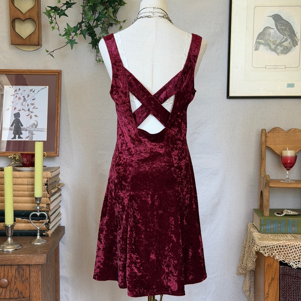 Burgundy Crushed Velvet X-Back Dress Grunge Goth Vintage 90s Medium - Picture 2 of 9